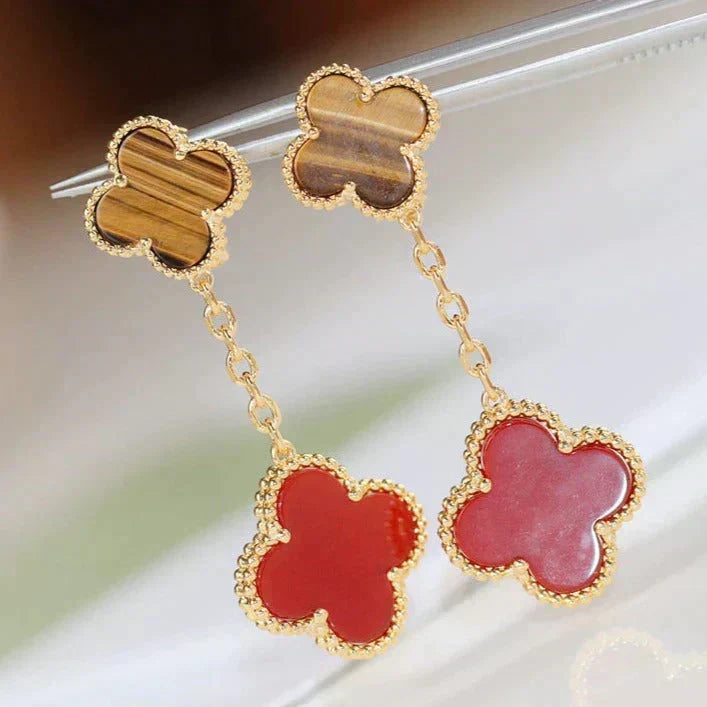 VCA CLOVER 2 MOTIF TIGER EYE CARNELIAN EARRINGS