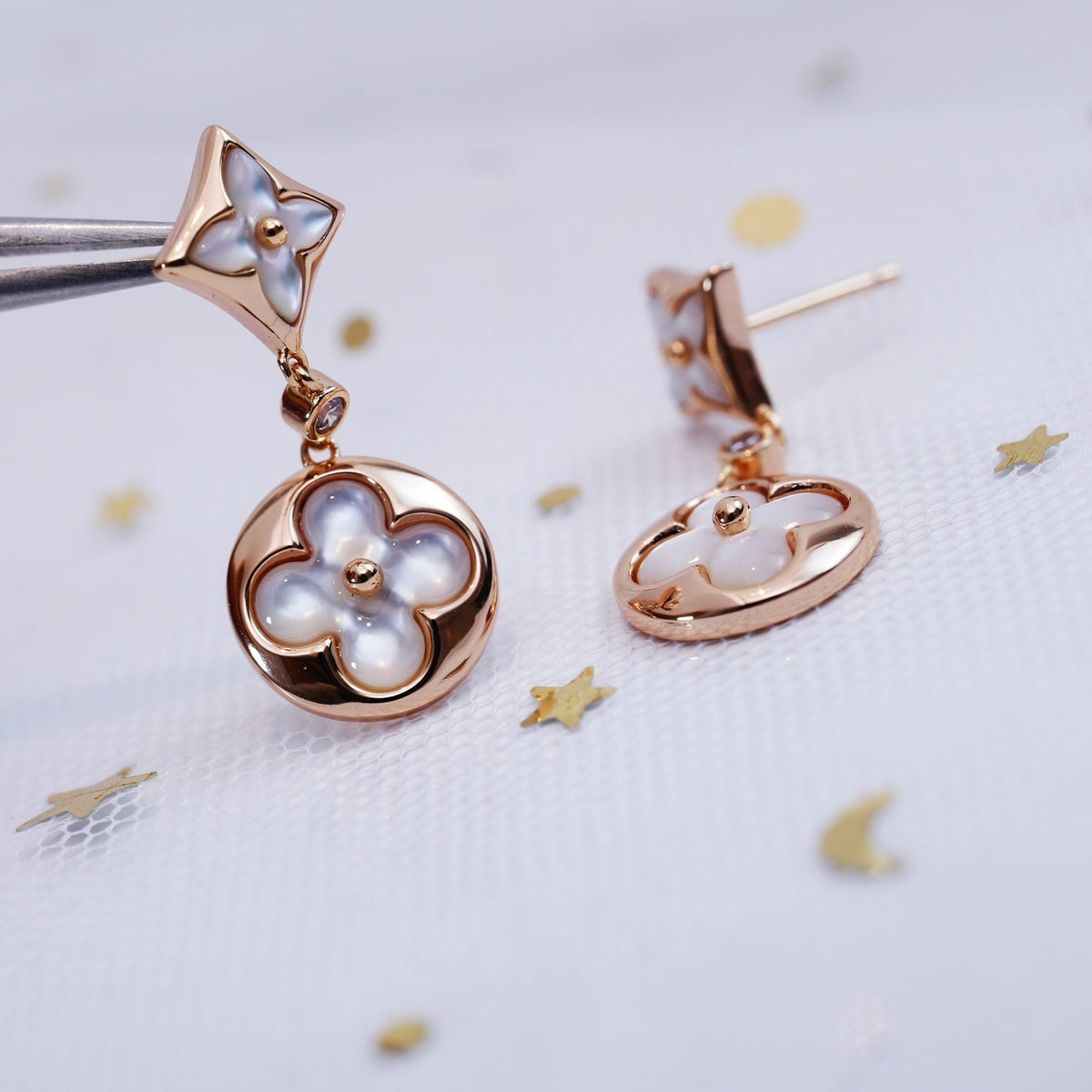 LOUIS VUITTON STAR AND SUN PINK GOLD MOP DROP EARRINGS