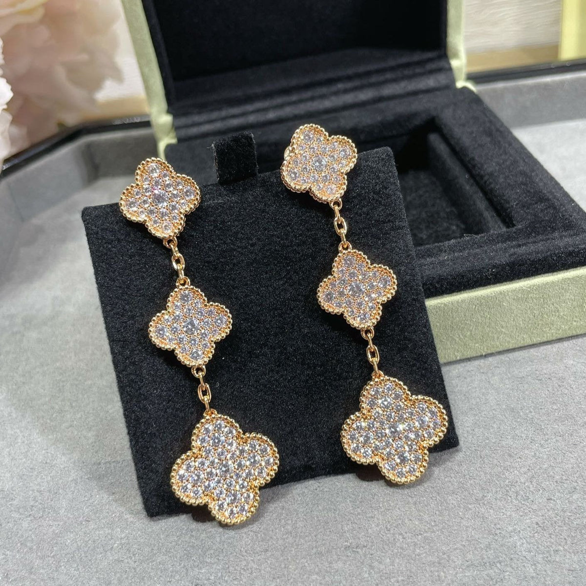 VCA CLOVER 3 MOTIFS DIAMOND PAVED ROSE GOLD & GOLD EARRINGS